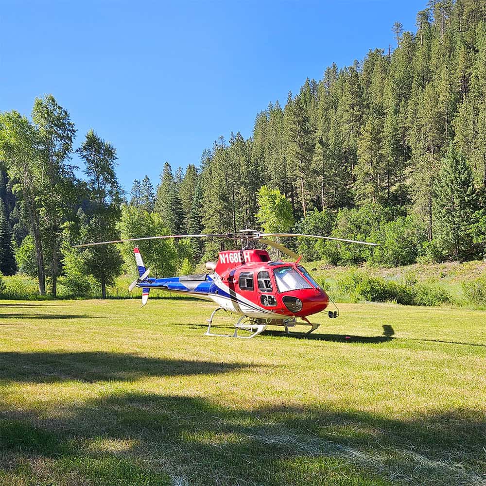 A helicopter sits in a mountainous meadow